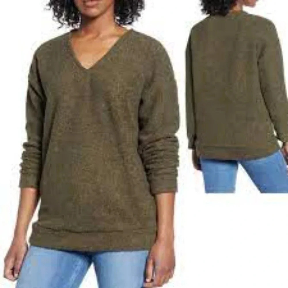 Caslon Teddy Bear Sweater Olive Green Faux Sherpa Shearling NWT